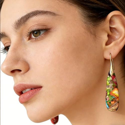Boho Natural Imperial Jasper Teardrop Dangle Earrings for Women – Hypoallergenic French Hook Stone Drop Earrings Jewelry - color: Colorful Golden Hook #2