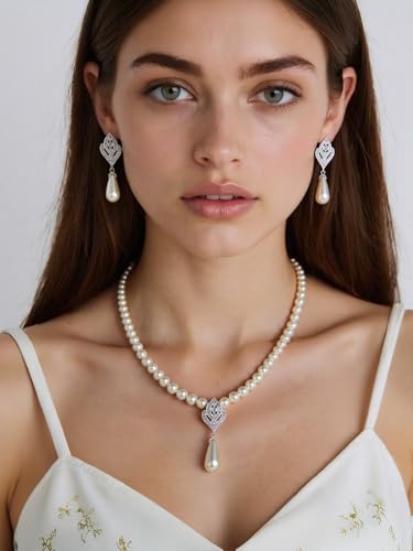 Pearl Necklace and Earring Set for Women,Pearl Jewelry Set Fake Pearls Necklace Imitation Beaded Collar de Perlas Para Mujer Necklaces for Prom Bridesmaid Costume Accessories - color: B-Silver Water Drop