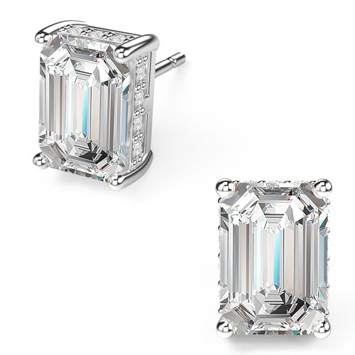 18K White Gold Plated Sterling Silver Emerald Cut Cubic Zirconia Stud Earrings Clear CZ Diamond Stud Earrings for Women Men Hypoallergenic - color: White Gold, size: 5MM*7MM