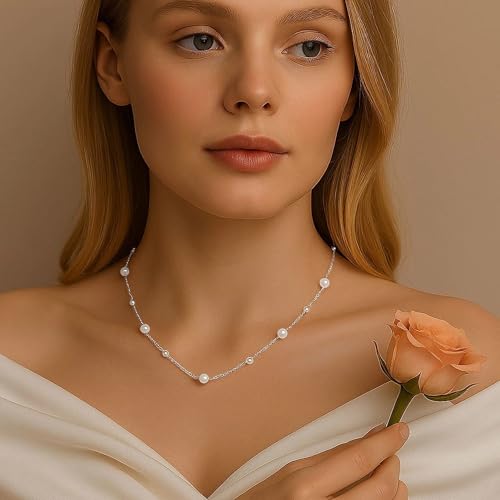 SmileBelle Pearl Necklaces for Women, 18K Gold Daisy Choker for Women's | Pearl Strand Necklaces as Summer Gifts for Teens, Silver Daisy Flower Gifts, 3 Pearls White Necklace as Bridesmaid Gift - color: Silver