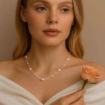 SmileBelle Pearl Necklaces for Women, 18K Gold Daisy Choker for Women's | Pearl Strand Necklaces as Summer Gifts for Teens, Silver Daisy Flower Gifts, 3 Pearls White Necklace as Bridesmaid Gift - color: Silver