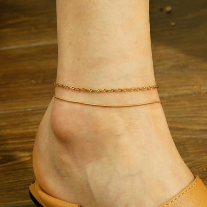 Gold Plated Ankle Bracelets For Women Waterproof,18k Gold Plated Anklets Layered Thin Snake Chain Herringbone Anklets Non Tarnish Stainless Steel Dainty Summer Jewelry Set Gift For Women - color: GOLD-2601