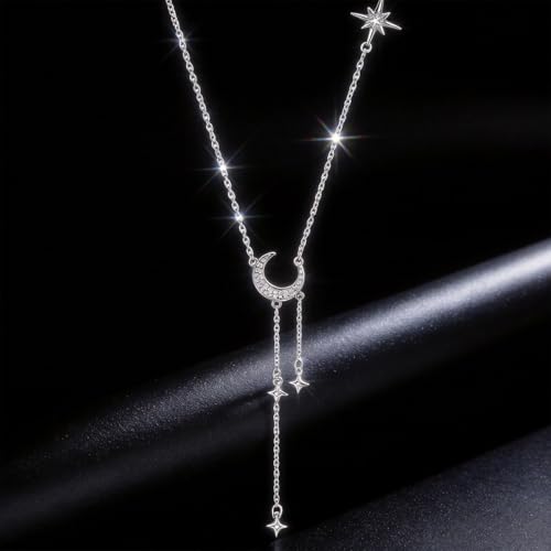 Moon Y Necklace Silver with Star Pendant, Rhinestone Long Link Chain Jewelry, Adjustable Moon Choker Crescent Pendant Collarbone Necklaces, Celestial Statement Jewelry Gifts for Women - style: StyleD