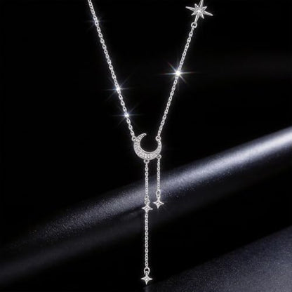 Moon Y Necklace Silver with Star Pendant, Rhinestone Long Link Chain Jewelry, Adjustable Moon Choker Crescent Pendant Collarbone Necklaces, Celestial Statement Jewelry Gifts for Women - style: StyleD