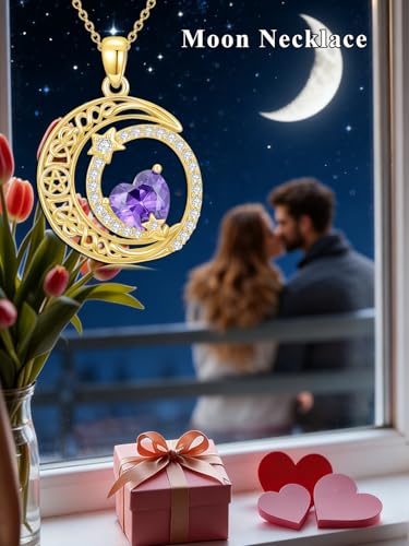 Midari 18K Yellow Gold Sun Moon Star Pendant Rose Flower Necklaces I Love You Forever Sun Moon Jewelry Gift for Mother Women - color: 02-Feb-Amethyst, style: Moon&Star