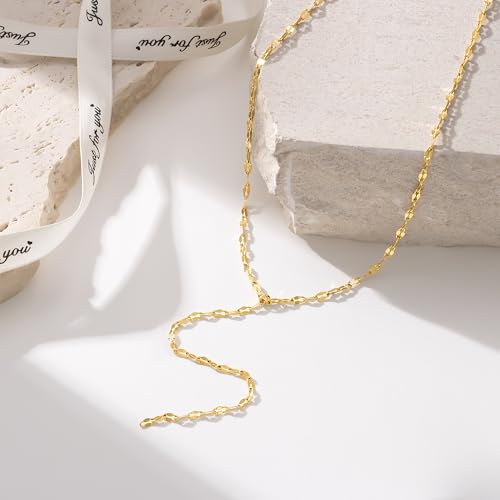 Foxgirl Long Gold Necklace for Women- Dainty 14k Gold Plated Drop Lariat Necklace Layered Simple CZ Y-Shaped Body Chain Stack Wedding Necklace Trendy - color: Flat Chain