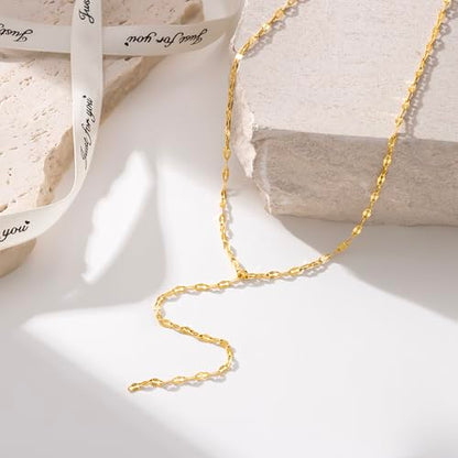 Foxgirl Long Gold Necklace for Women- Dainty 14k Gold Plated Drop Lariat Necklace Layered Simple CZ Y-Shaped Body Chain Stack Wedding Necklace Trendy - color: Flat Chain
