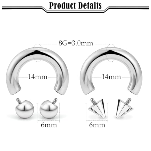 20G-00G Septum Rings horseshoes Nose Rings Hoops 316L Surgical Steel Snake Bites Lip Nipple Ring Cartilage Tragus Helix Rook Conch Daith Earrings Pa Piercing Jewelry for Women Men - style: 8G(3.0mm)-Dia:14mm