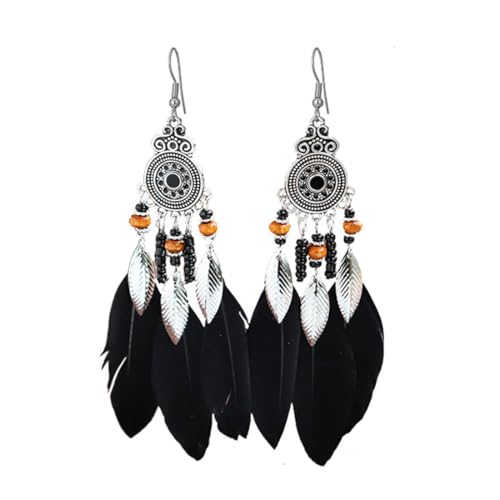 Boho Western Earrings for Women Western Feather Earrings Vintage Concho Turquoise Teardrop Dangle Earrings Country Concert Jewelry Accessories - style: Black feather