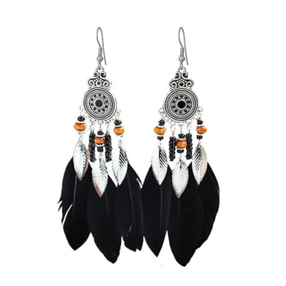 Boho Western Earrings for Women Western Feather Earrings Vintage Concho Turquoise Teardrop Dangle Earrings Country Concert Jewelry Accessories - style: Black feather