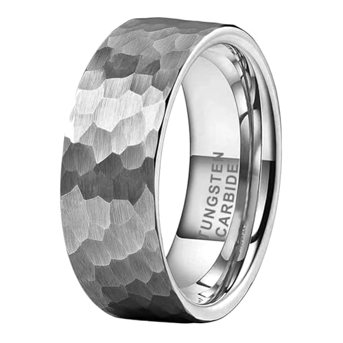 TUTISS 6mm 8mm Silver/Black/Gunmetal/Gold/Rose Gold Hammered Tungsten Rings for Men Women Couple Fashion Jewelry Engagement Wedding Bands Matte Finish Comfort Fit - color: 8mm Silver Tungsten
