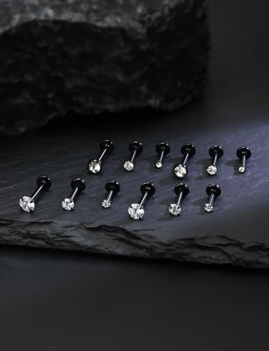 16G Internal Thread Flat Back Earrings Nose Studs 316L Surgical Steel Medusa Labret Monroe Lip Ring Tragus Forward Helix Conch Cartilage Lobe Earrings Stud Piercing Jewelry For Women Men - color: Black-Clear CZ