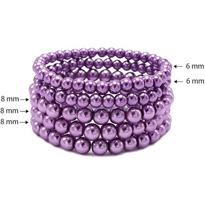 Faux Pearl Beaded Bracelets for Women Ladies Elastic Stretch Bracelet Stackable Jewelry Set Pulsera Para Mujer 5 pcs Size 6-8 MM - color: Grey