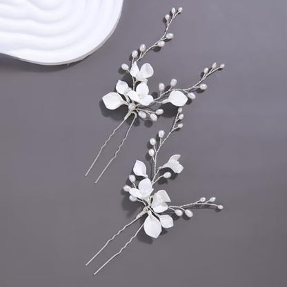 Handmade White 3D Pinch Flower Bridal Hair Pins Freshwater Pearls Wedding Bridal Hair Accessories for Bridesmaids Women and Girls
