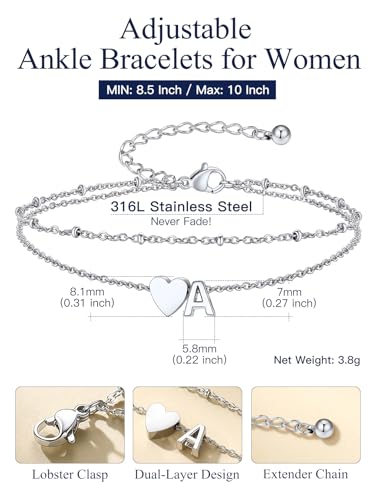 Suplight Initial Ankle Bracelets for Women 14K Gold Plate Waterproof No Tarnish Anklets Layered Heart Letter Anklet Adjustable Plus Size Foot Chain Summer Beach Boho Jewelry Silver Black 8.5-10 Inch - color: Silver, style: 1.A