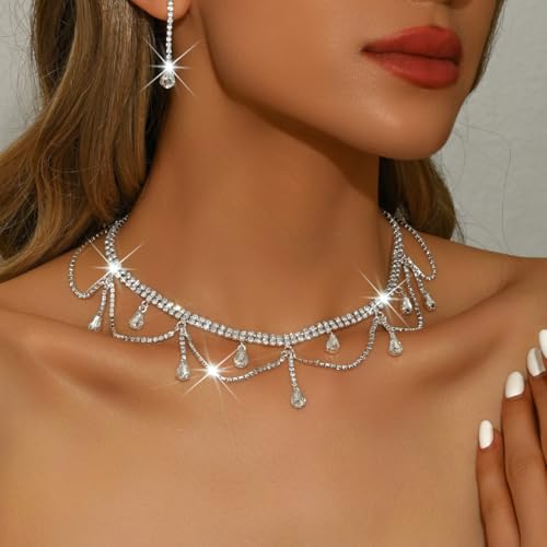 Rhinestones Necklace Earrings Set for Women Water Droplet Necklace Earrings Set Double Layer Gemstone Choker and Drop Earrings Cubic Zirconia Bridal Earrings Necklace Set Crystal Wedding Jewelry Sets - color: silver