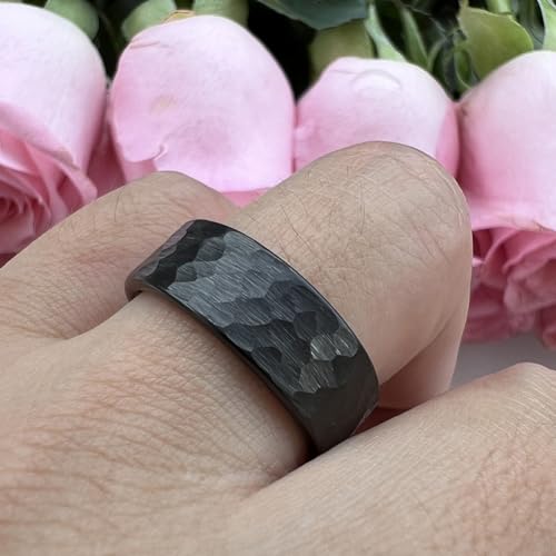 TUTISS 6mm 8mm Silver/Black/Gunmetal/Gold/Rose Gold Hammered Tungsten Rings for Men Women Couple Fashion Jewelry Engagement Wedding Bands Matte Finish Comfort Fit - color: 8mm Black Tungsten