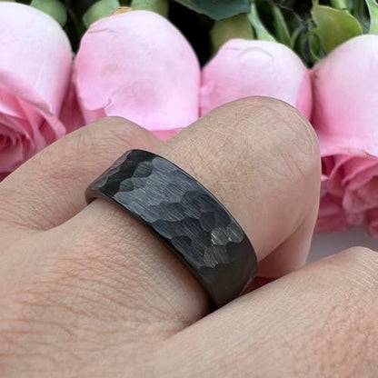 TUTISS 6mm 8mm Silver/Black/Gunmetal/Gold/Rose Gold Hammered Tungsten Rings for Men Women Couple Fashion Jewelry Engagement Wedding Bands Matte Finish Comfort Fit - color: 8mm Black Tungsten