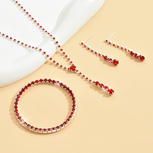 Gold Jewelry Set for Prom,Pearl Necklace Earrings Bracelet Crystal Bridal Wedding Prom Dresses Costume Jewelry Accessories Rhinestone Bridal Jewelry Set for Women - color: Red