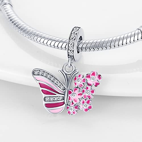 925 Sterling Silver Charms for Bracelets Necklaces Dangle Pendant With 5A Cubic Zirconias Bead Charm for Women DIY Jewelry - style: Butterfly Pink