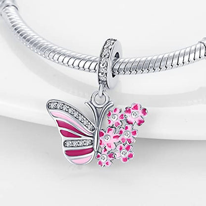 925 Sterling Silver Charms for Bracelets Necklaces Dangle Pendant With 5A Cubic Zirconias Bead Charm for Women DIY Jewelry - style: Butterfly Pink