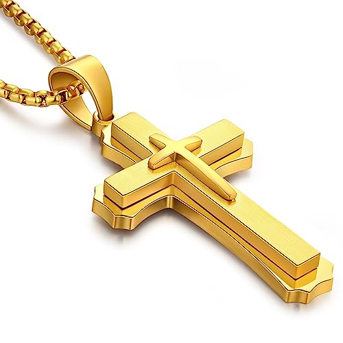Men's Cross Necklace 316L Stainless Steel Large Heavy Cross Pendant for Men Polished Jewelry Rolo Chain with 22'' 24'' 26'' - color: B-yellow, size: 22 inch