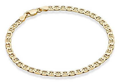 Miabella Italian Solid 925 Sterling Silver, 18Kt Gold Plated 3mm, 4mm Solid Mariner Link Chain Bracelet for Men Women, Made in Italy - color: yellow-gold-plated-silver, size: 0.16 in width x 8 in length