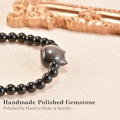 Agate Round Beaded Bracelet for Women Men Natural Agates Stone Healing Bracelets Stretch Elastic Handmade Polished Gemstone Beads Bracelet - color: Cat Black Obsidian, size: 6mm Beads