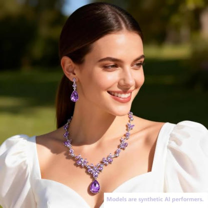 Kamirola Bridal Jewelry Set, Jewelry Set for Women, Necklace Dangle Earrings Bracelet Set, White Gold Plated (TR76) - color: Silver Purple