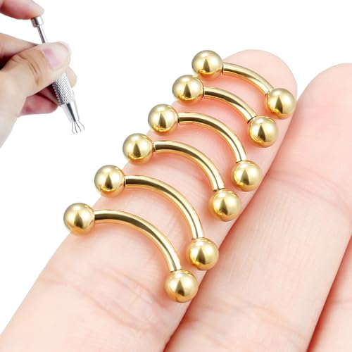 Internally Threaded Eyebrow Piercing Jewelry Surgical Steel Tiny Eyebrow Rings Vertical Labret Lip Jewelry Small Ear Rook Earring for Women Men 18g 16g 14g Plus Piercing Ball Grabber Tool - color: goldtone, size: 14g,ball end