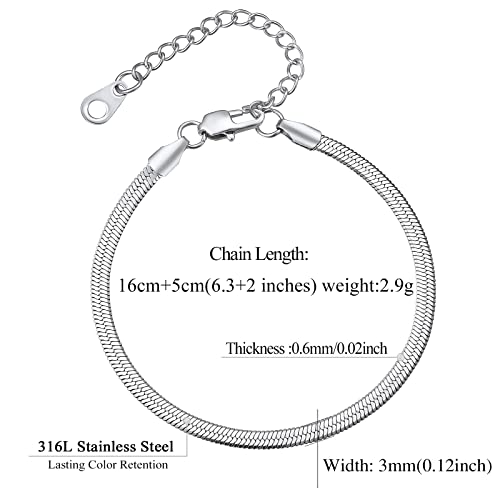 FindChic Elegant Herringbone Snake Chain Anklets/Bracelets 3MM/5MM Width Stainless Steel/18K Gold/Rose Gold Plated/Black 4 Color Options, 8.3'' 8.5'' 10.5'' Length, with Gift Box - color: B: 3mm 6.3'' bracelet (Stainless Steel)