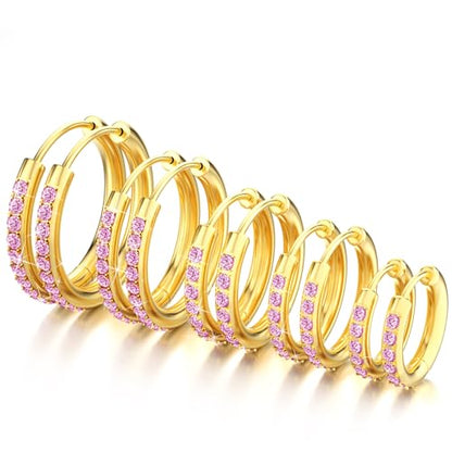 5 Pairs Huggie Hoop Earrings, Cubic Zirconia 14K Gold-Plated 316L Surgical Steel, Hypoallergenic Lightweight Design for Women & Men Cartilage & Multi-Piercing Stacking(13-21mm) - color: F+gold+Pink