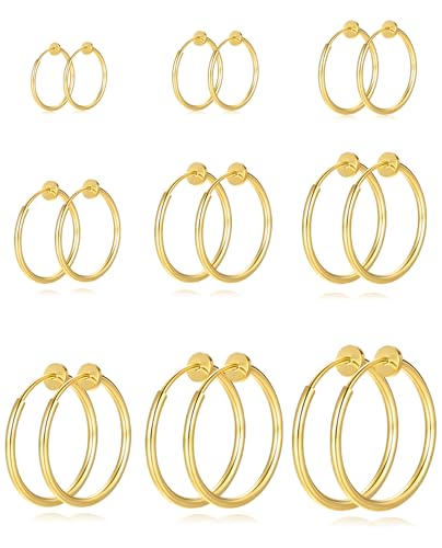 9 Pairs Clip on Hoop Earrings for Women Non Pierced Hoop Earrings Fake Spring Hoop Earrings Silver Gold Tone 9 Sizes - color: B: Gold Tone