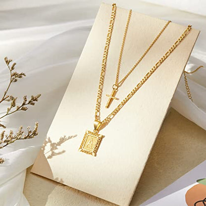 KELORIS PATH Gold Layered Initial Cross Necklace, 14K Gold Plated Layering Square Letter Pendant Figaro Chain Cross Choker from A-Z Capital Jewelry for Women Girls | 14K Gold Plated Square/Hexagon Letter Pendant with Figaro Chain, Stackable Jewelry Gifts,