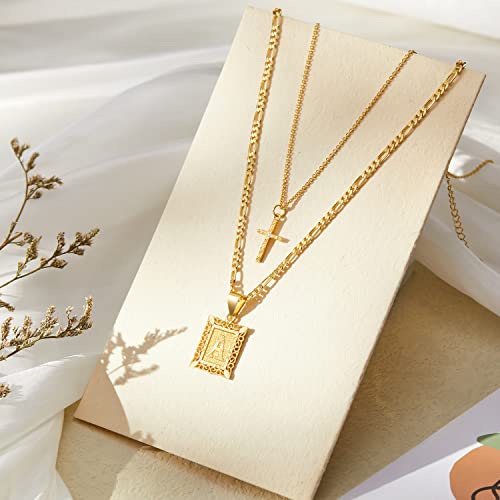 KELORIS PATH Gold Layered Initial Cross Necklace, 14K Gold Plated Layering Square Letter Pendant Figaro Chain Cross Choker from A-Z Capital Jewelry for Women Girls | 14K Gold Plated Square/Hexagon Letter Pendant with Figaro Chain, Stackable Jewelry Gifts,