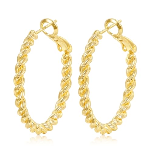14K Gold Braided Texture Hoop Earring, 32/40mm Twist Rope Design Round Hoop Earrings for Women Gold Jewelry Gifts for women - style: Braided Earrings-31mm