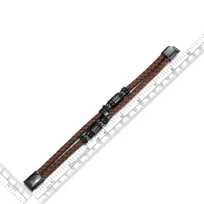 COOLSTEELANDBEYOND Mens Double-Row Braided Leather Bracelet Bangle Wristband with Black Stainless Steel Ornaments - color: G-Brown Black