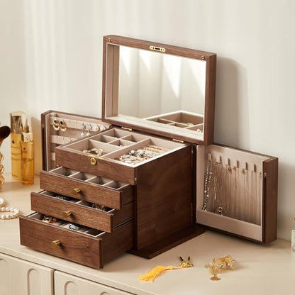 Black Walnut Wooden Jewelry Box, Wood Jewelry Organizer with 2 Side Doors Mirror Lockable Classical Style for Watch Necklace Ring Earring Storage, Gift for Women-4 Layer - style: 4 Layer (Full Lock)