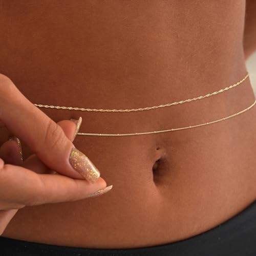 Body Chain for Women 14K Gold Plated Waist Beads Chain Gold Belly Belt Cuban Layered Body Chains Waterproof Adjustable Sexy Bikini Beach Body Jewelry Daily Belts Gifts for Women 26.5-33Inch - style: Wave+Satellite
