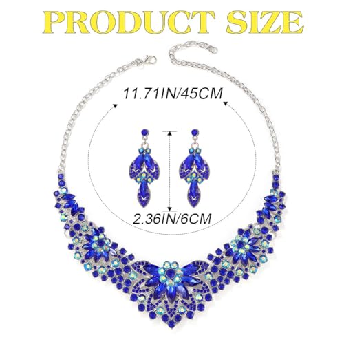 Yonamix Gold Jewelry Set Wedding Rhinestone Necklace Sets for Women | Formal Prom Dinner Party Gala Night Crystal Flower Necklaces Earrings - color: E Blue