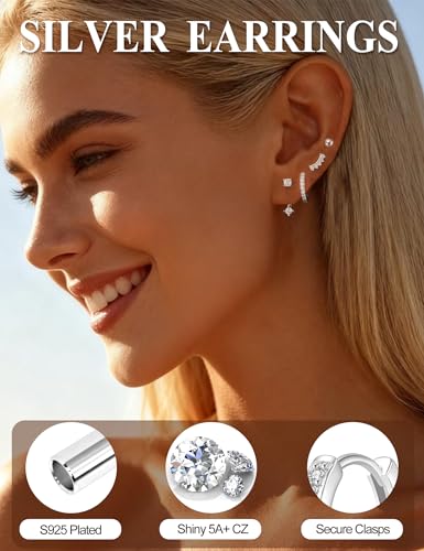 Small Gold Earring Stack Trendy 925 Sterling Silver Earrings for Women Hypoallergenic 14K Gold Plated Cubic Zirconia Stud Hoop Non Tarnish Huggie Hoop Earrings Set for Multiple Piercing Jewelry Gift - style: Silver: 1 Pairs of Hoops + 3 Pair of Studs