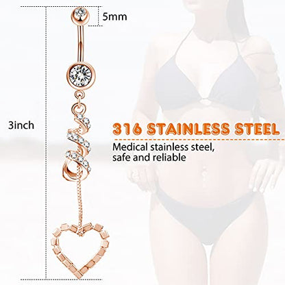 Yaomiao 18 Pcs 14G Stainless Steel Belly Button Ring Rhinestone Heart Dangle Belly Button Rings for Women - color: Rose Gold, Elegant Style