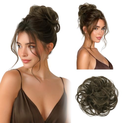 RUWISS 100% Human Hair Bun Small Messy Bun Hair Piece for Women Layered Wavy Hair Buns Updo Hairpiece for Daily Wear Scrunchies Ponytail Extension (Dark Brown) - color: Dark Brown