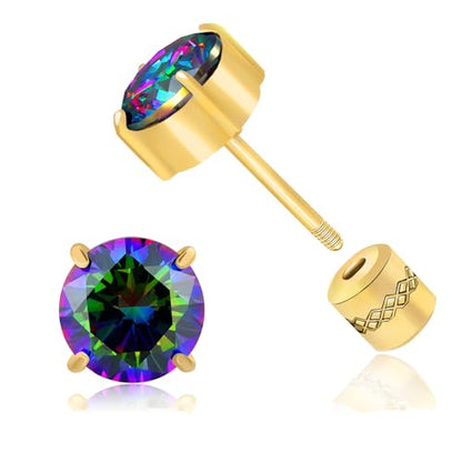 Titanium Flat Back Surgical Stainless Steel Stud Earrings for Women Men,Birthstone Stud Earrings Hypoallergenic Double Side 5A Cubic Zirconia Studs Jewelry 6mm - color: Golden-Rainbow CZ
