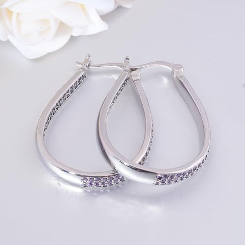 925 Sterling Silver Post Hoop Earrings for Women Gilrs Multcolors Cubic Zircon Hoops 14K Gold Plated Oval Chunky Hoop Earrings Jewelry Gift for Mothers Day/July 4th/Wedding/Party/Christmas - color: Purple