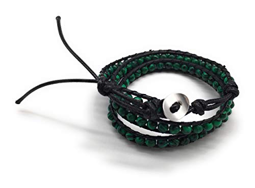 Handmade Alloy Leather Natural Stone Bead Statement Bracelet Bangle Cuff Rope 3 Wrap Adjustable Jewelry Collection - color: Synthetic Malachite & Black Leather Cord
