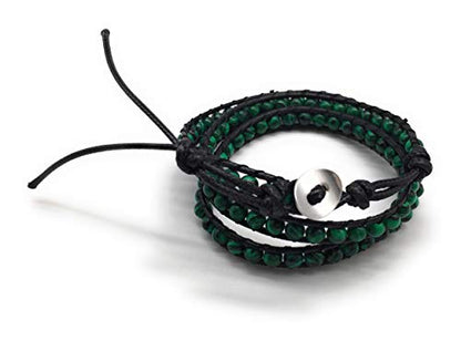 Handmade Alloy Leather Natural Stone Bead Statement Bracelet Bangle Cuff Rope 3 Wrap Adjustable Jewelry Collection - color: Synthetic Malachite & Black Leather Cord