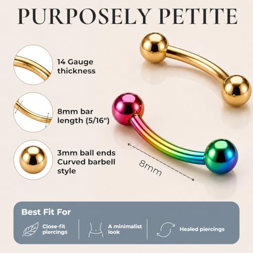 Forbidden Body Jewelry Surgical Steel Petite Belly Button Rings Curved Navel Barbell Set 14G 5/16 Inch 3mm End Balls - style: Rose Gold/Rainbow