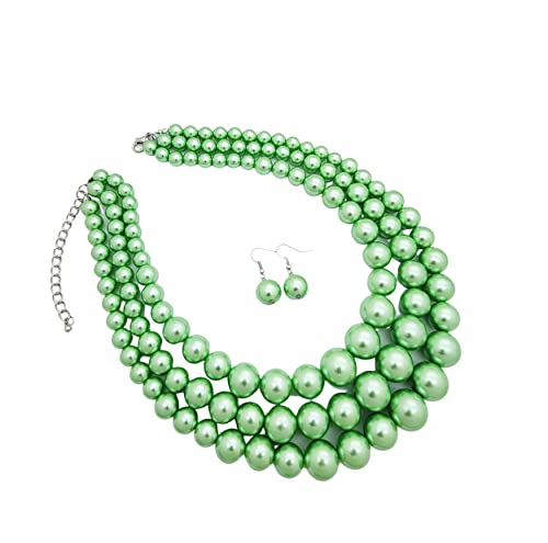 Fashion 21 Women's Faux Pearl Three Multi-Strand Statement Necklace and Earrings Set - color: Lime Green