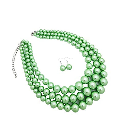 Fashion 21 Women's Faux Pearl Three Multi-Strand Statement Necklace and Earrings Set - color: Lime Green